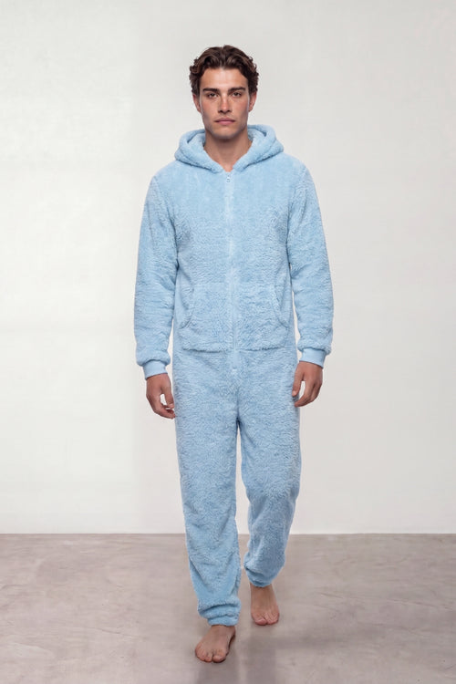 Combinaison pyjama homme en polaire bleu ciel à capuche et fermeture zippée