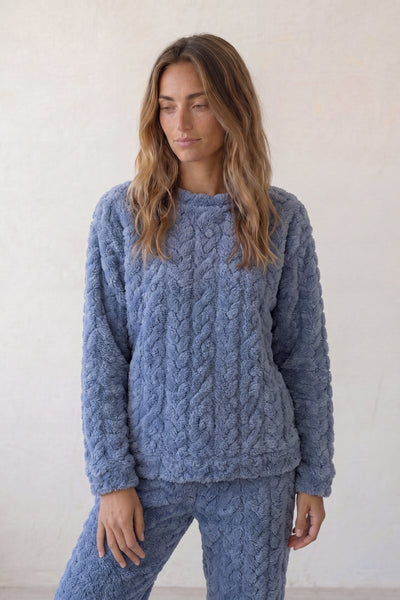 Pyjama pilou pilou bleu pour femme, ensemble deux pièces ultra doux et chaud pour l'hiver cocooning