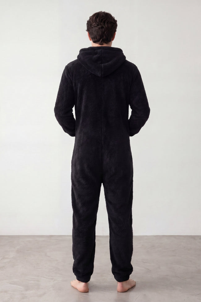 Grenouillère pyjama homme noire en polaire à capuche et poches — vue 2