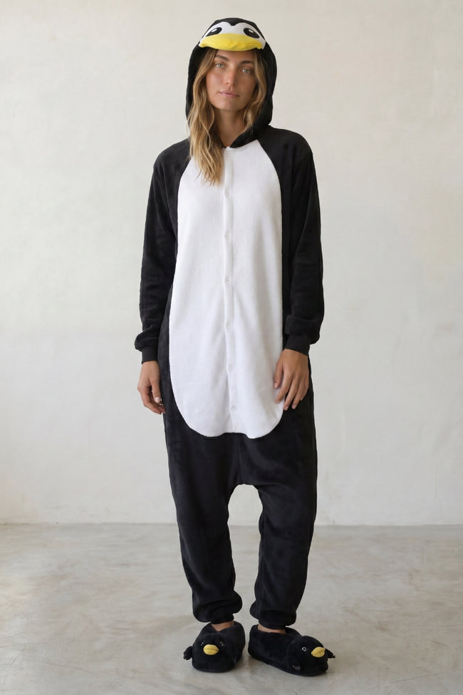 Combinaison pyjama pingouin adulte noire et blanche à capuche bec jaune