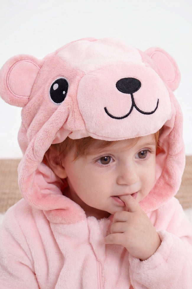 Combinaison ours bébé rose à capuche avec oreilles rondes — vue 2