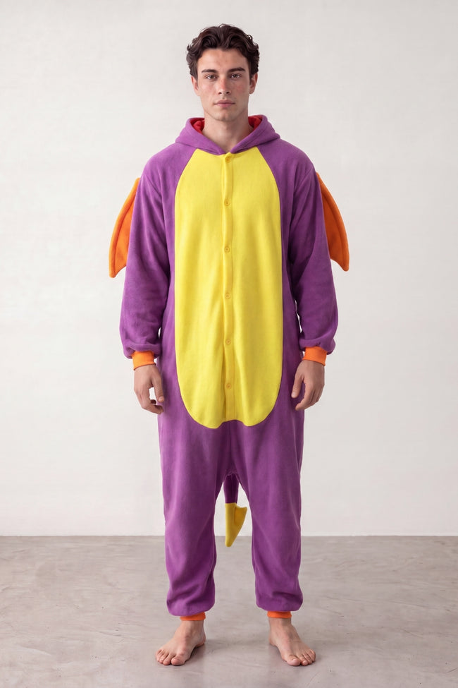 Kigurumi dragon adulte violet à ailes orange et ventre jaune
