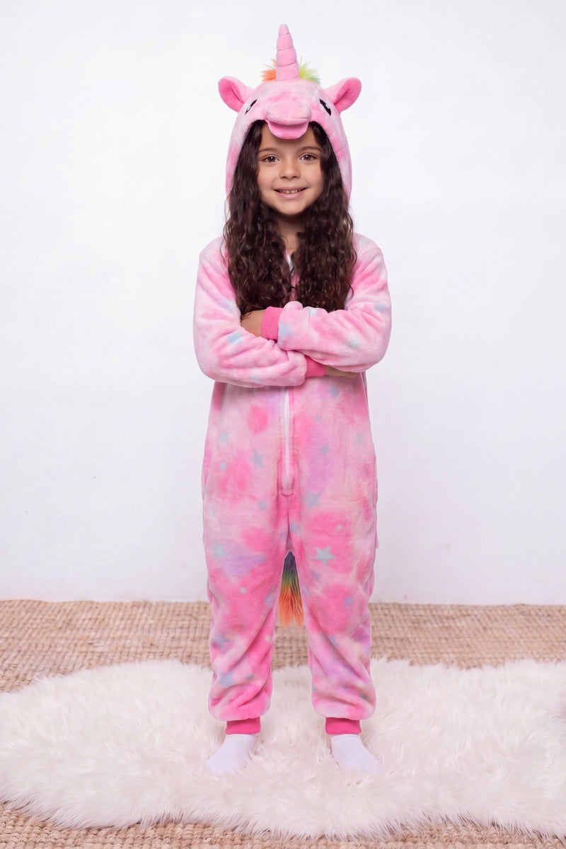 Combinaison pyjama licorne enfant pastel à capuche avec corne et crinière