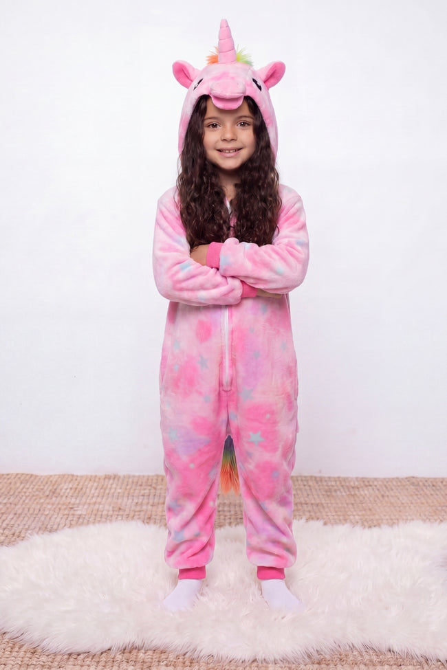 Combinaison pyjama licorne enfant pastel à capuche avec corne et crinière