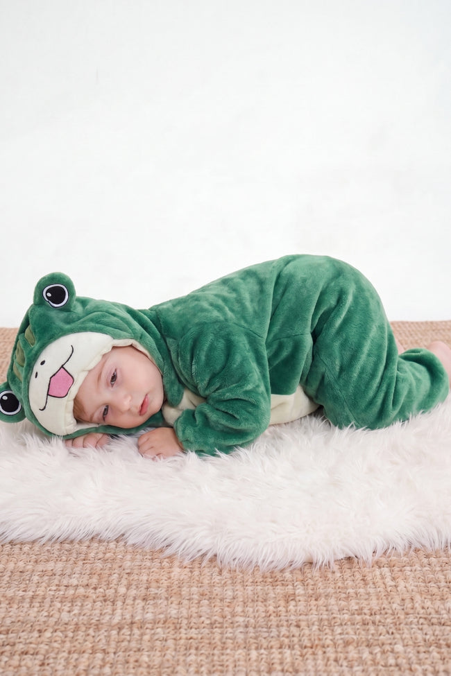 Combinaison pyjama grenouille bébé verte à capuche avec grands yeux