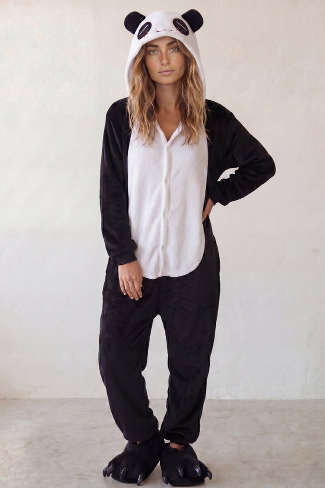 Pilou pilou panda adulte noir et blanc à capuche avec oreilles rondes