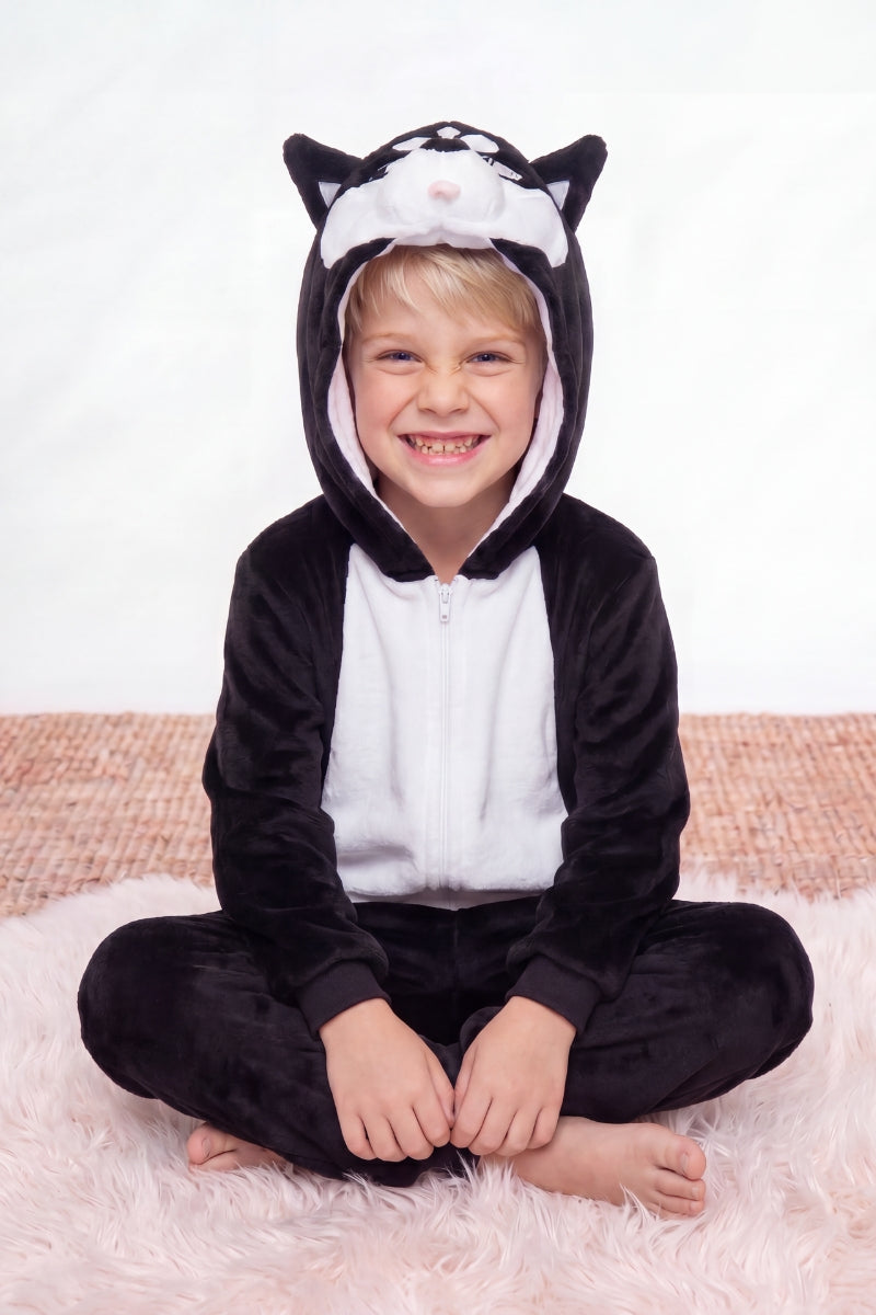 Surpyjama polaire garçon husky noir à capuche avec oreilles et museau