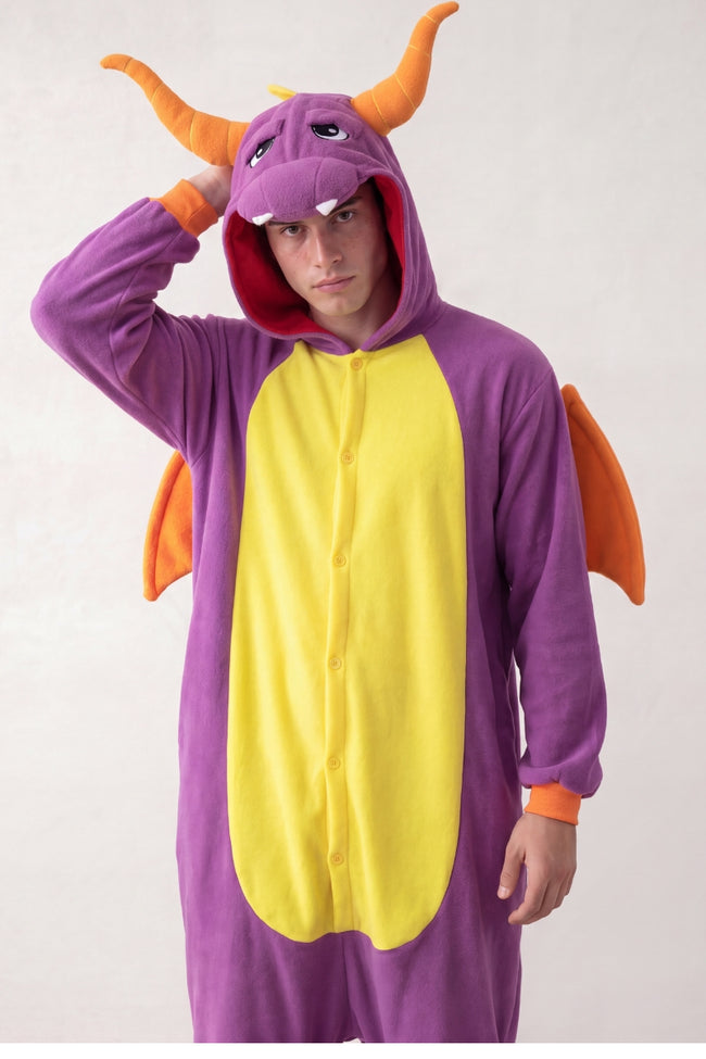 Kigurumi dragon adulte violet à ailes orange et ventre jaune — vue 2