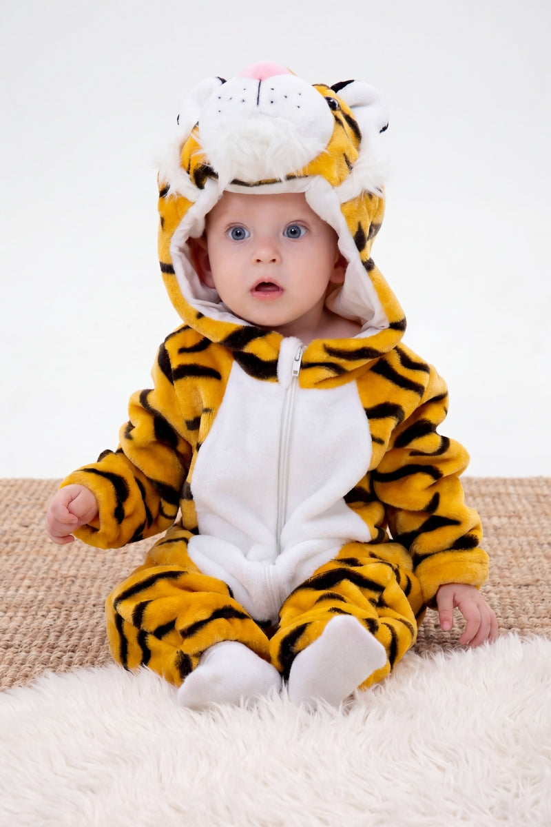 Combinaison pyjama tigre bébé rayée orange à capuche