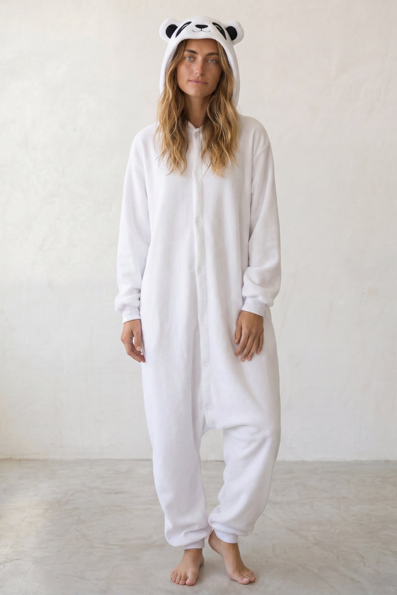 Kigurumi panda blanc adulte à capuche avec oreilles rondes noires
