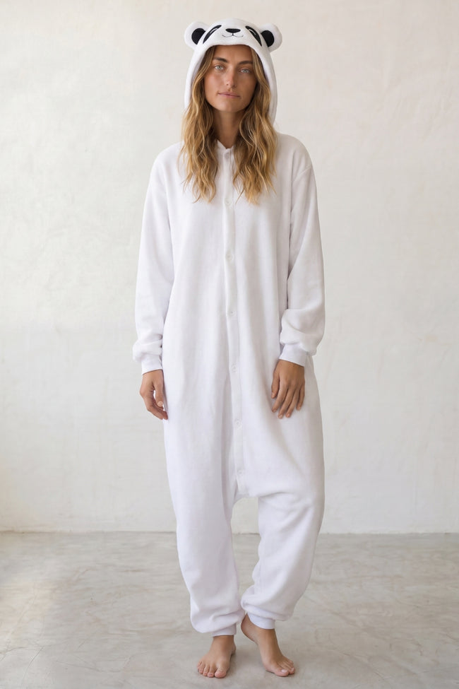 Kigurumi panda blanc adulte à capuche avec oreilles rondes noires
