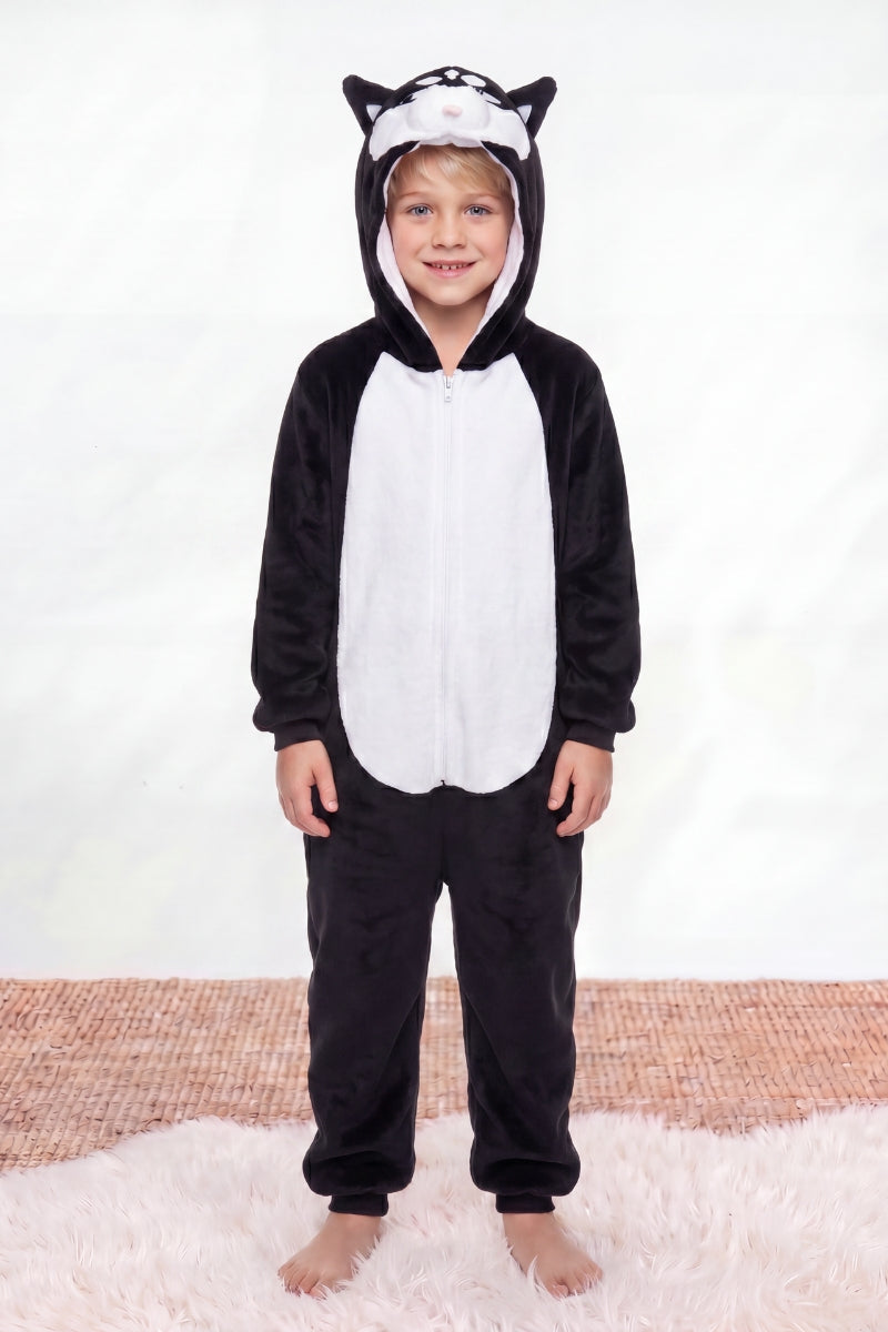 Surpyjama polaire garçon husky noir à capuche avec oreilles et museau — vue 2