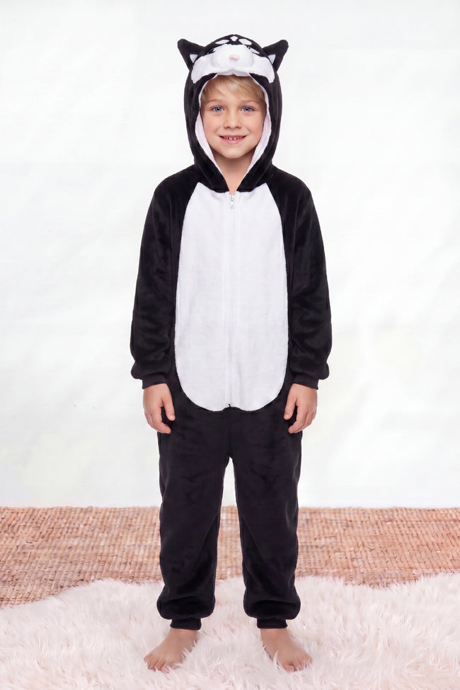 Surpyjama polaire garçon husky noir à capuche avec oreilles et museau — vue 2