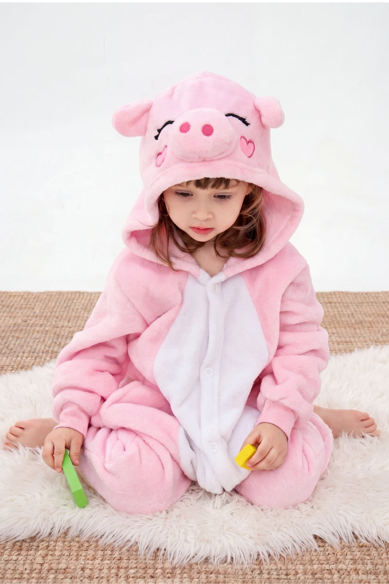 Combinaison pyjama cochon enfant rose à capuche avec museau rond