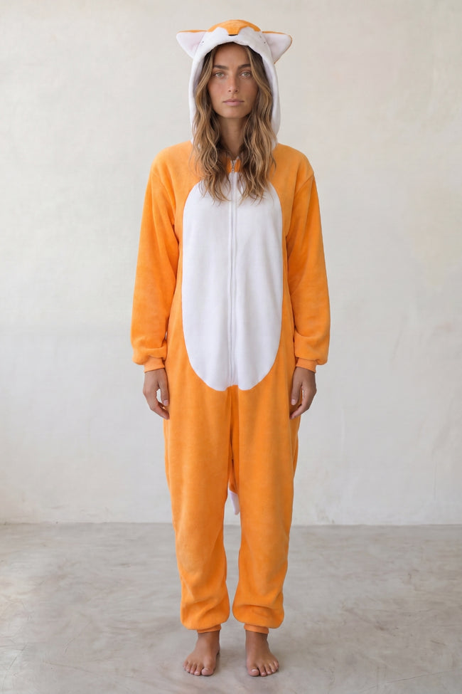Kigurumi renard adulte orange à capuche avec museau et ventre blanc