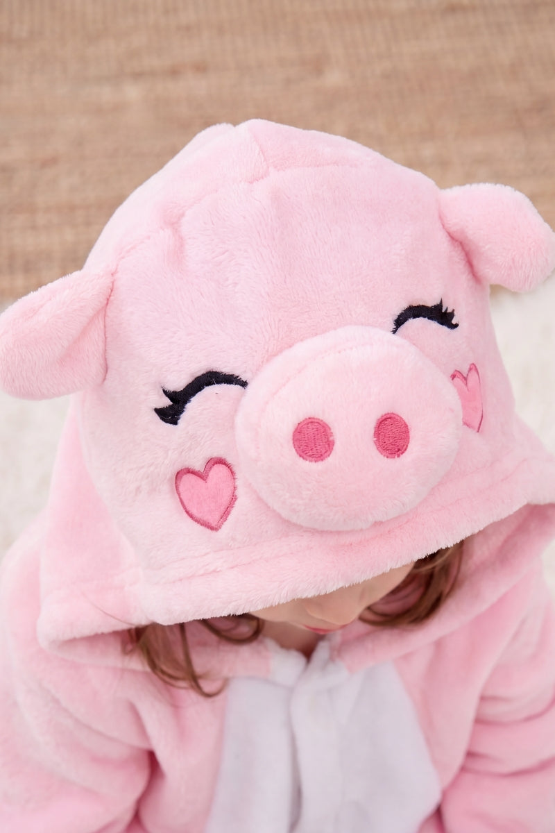 Combinaison pyjama cochon enfant rose à capuche avec museau rond — vue 2