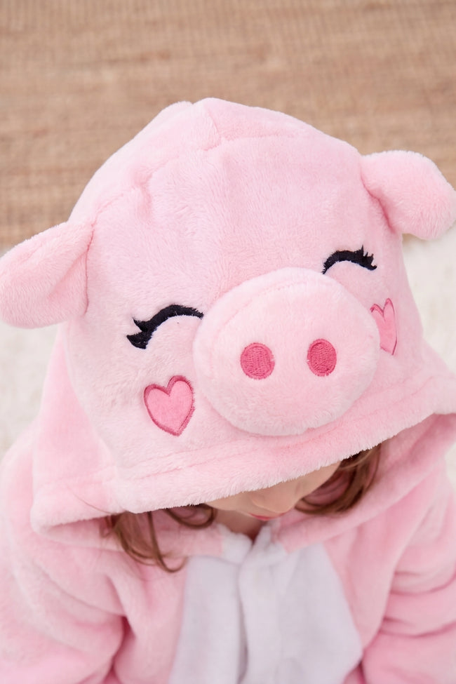 Combinaison pyjama cochon enfant rose à capuche avec museau rond — vue 2