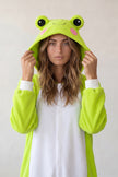 Kigurumi grenouille adulte vert à capuche avec grands yeux et joues roses