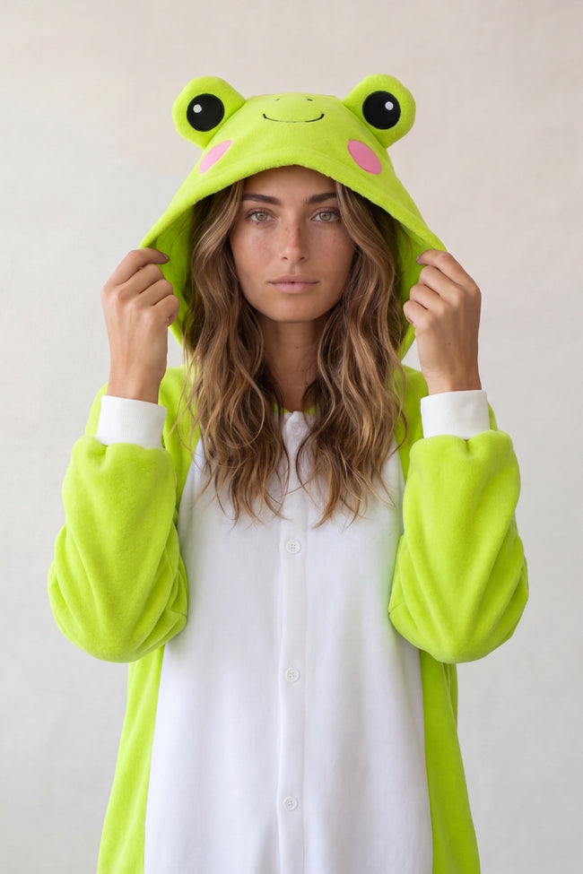 Kigurumi grenouille adulte vert à capuche avec grands yeux et joues roses