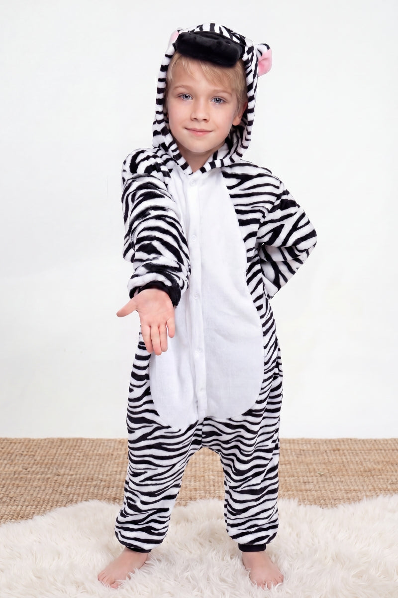 Combinaison pyjama zèbre enfant rayée noir et blanc à capuche