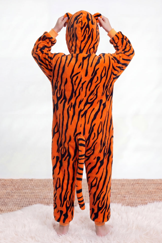 Combinaison pyjama tigre enfant rayée orange et noire à capuche — vue 2