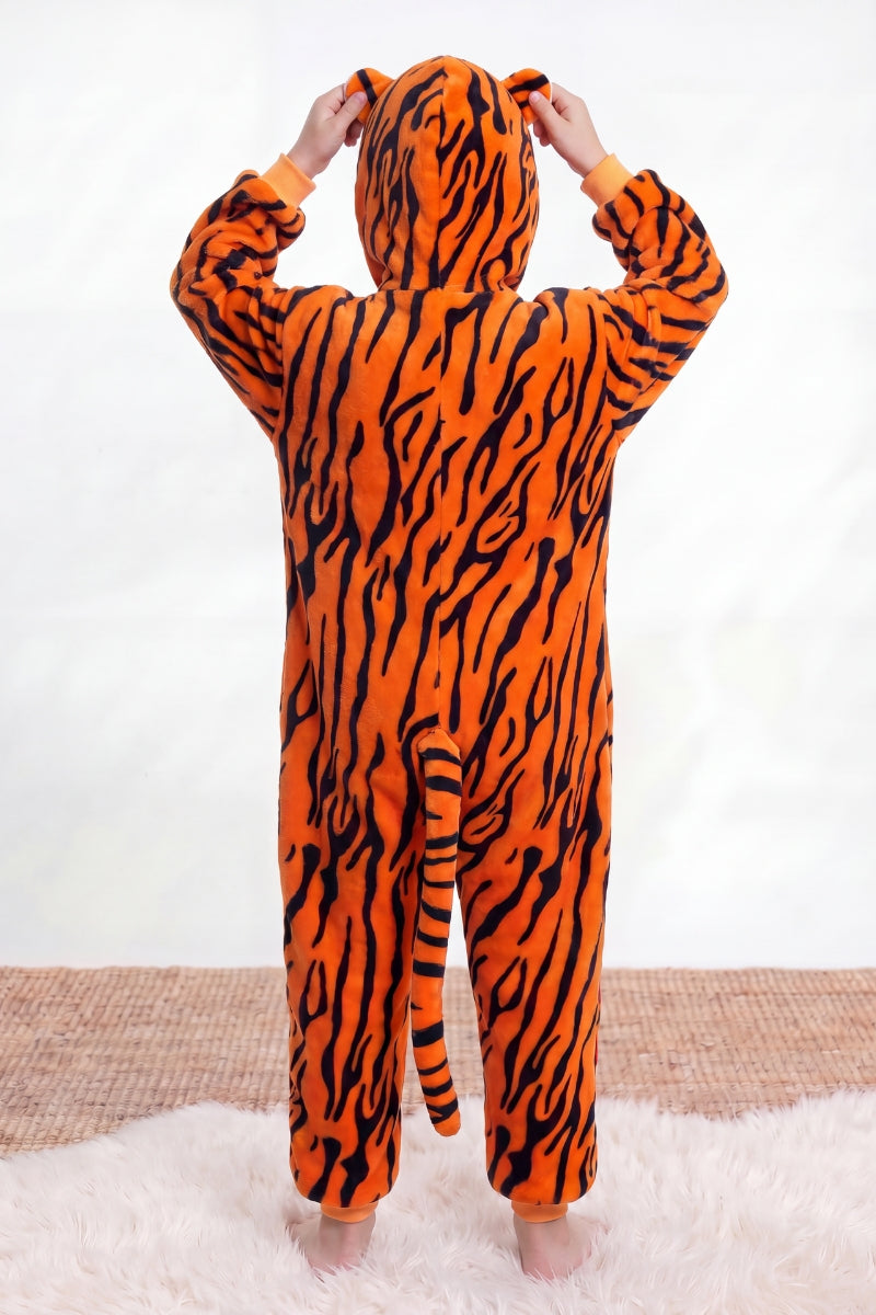 Combinaison pyjama tigre enfant rayée orange et noire à capuche — vue 2