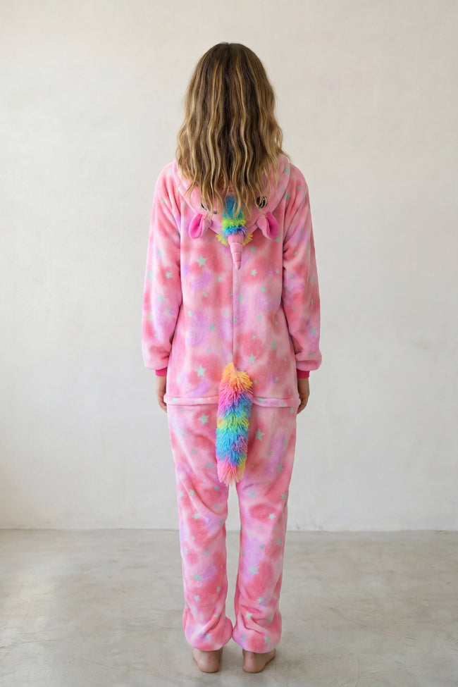Combinaison pyjama licorne adulte rose tie and dye à capuche avec corne — vue 2