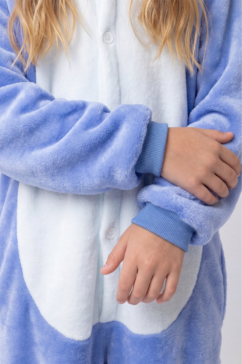 Combinaison pyjama déguisement enfant bleue à capuche avec grandes oreilles — vue 3