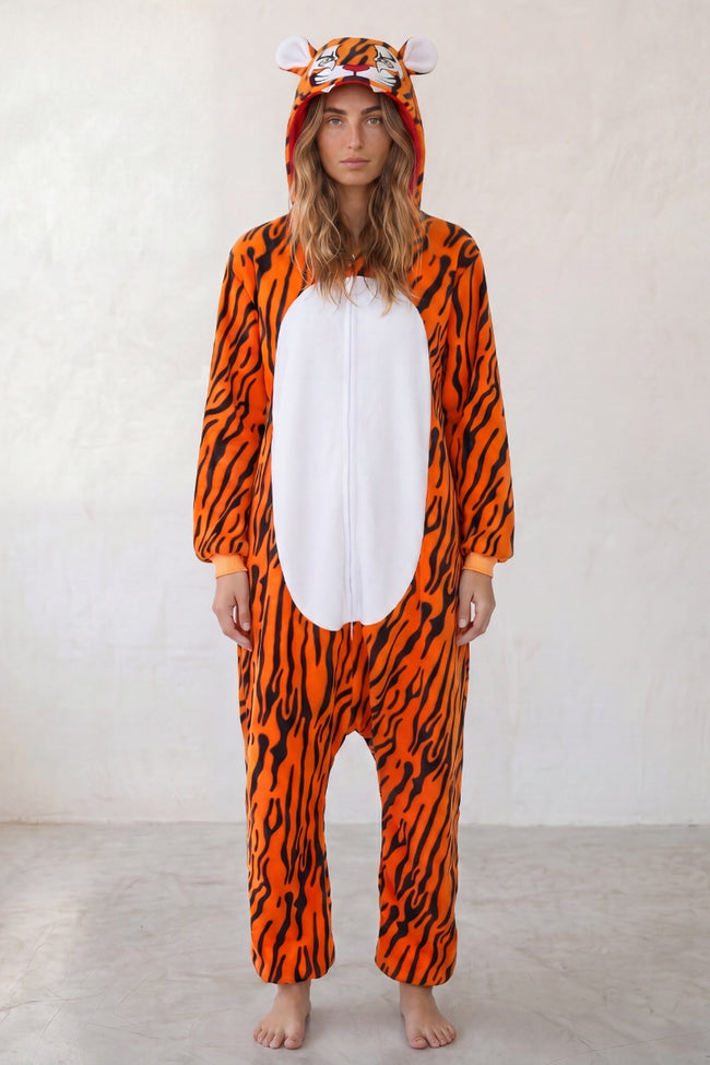 Combinaison pyjama tigre adulte rayée orange et noire à capuche