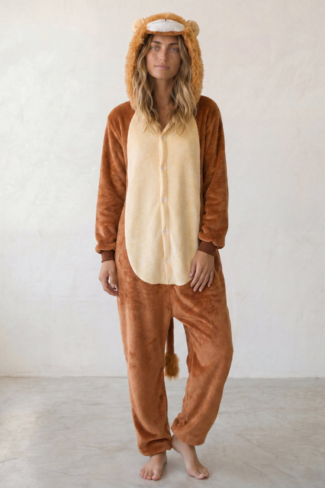 Kigurumi lion adulte fauve à capuche avec crinière et ventre beige