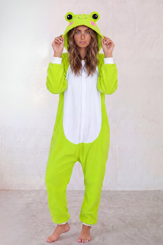Kigurumi grenouille adulte vert à capuche avec grands yeux et joues roses — vue 2