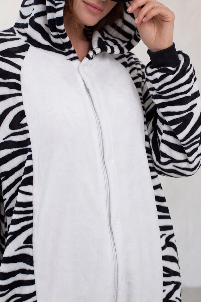 Combinaison pyjama zèbre adulte rayée noir et blanc à capuche — vue 2