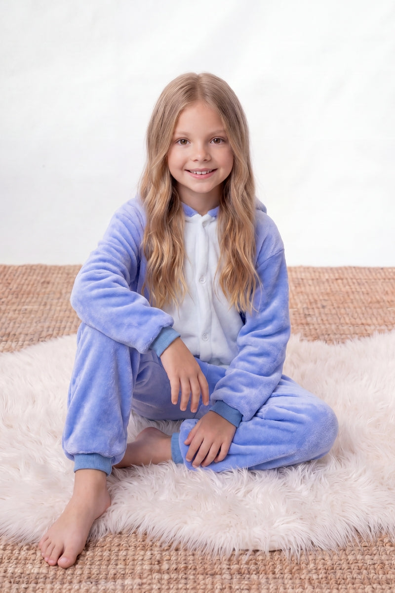 Combinaison pyjama déguisement enfant bleue à capuche avec grandes oreilles