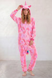 Combinaison pyjama licorne adulte rose tie and dye à capuche avec corne