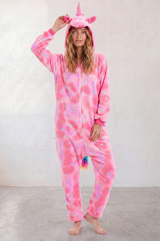 Combinaison pyjama licorne adulte rose tie and dye à capuche avec corne