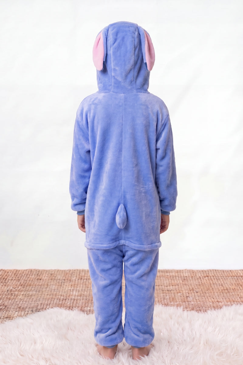 Combinaison pyjama déguisement enfant bleue à capuche avec grandes oreilles — vue 2