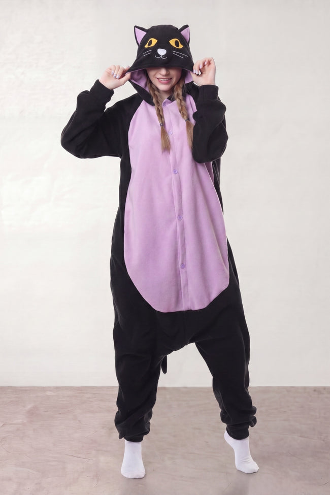 Kigurumi chat adulte noir à ventre mauve et capuche à oreilles pointues