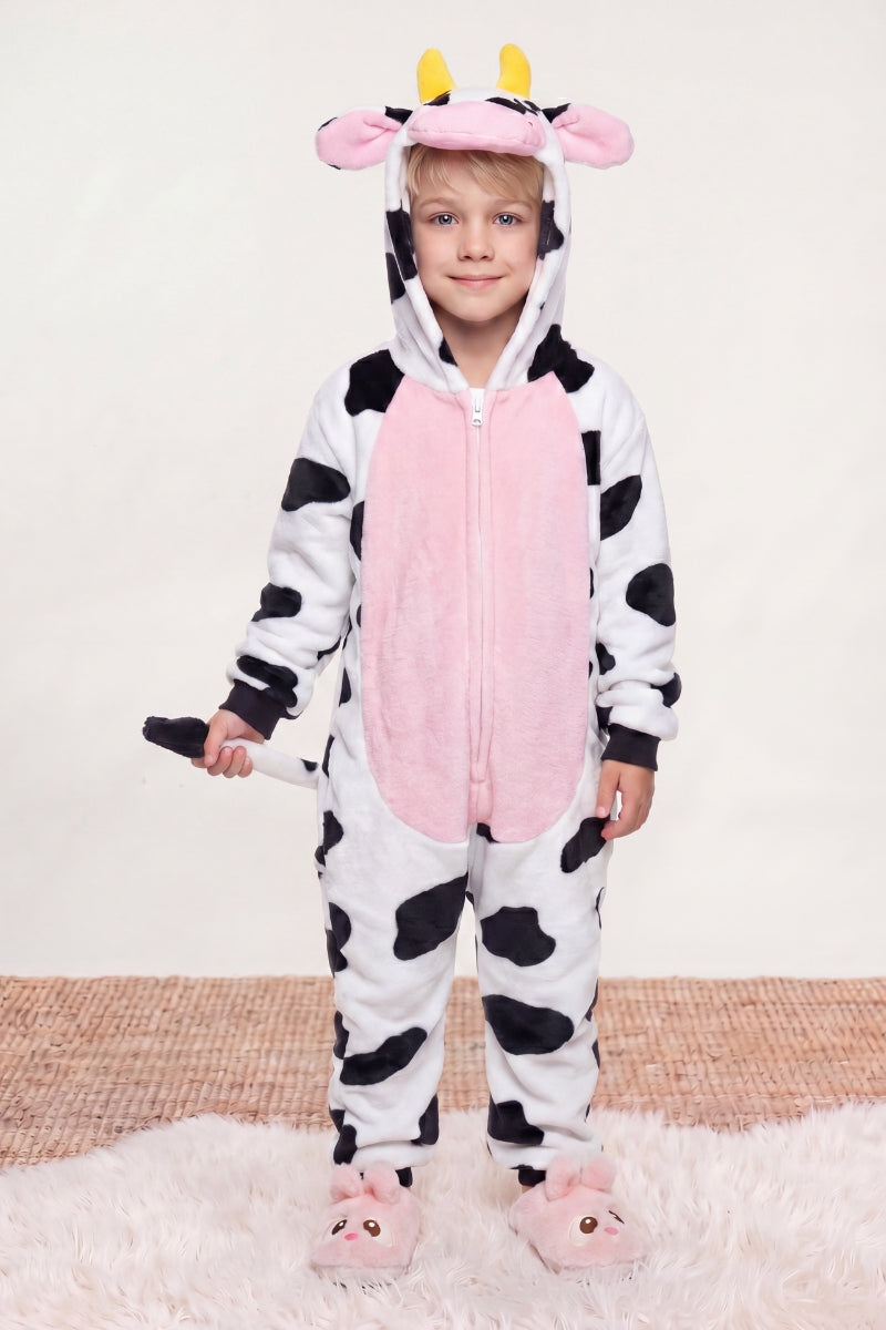 Combinaison pyjama vache enfant noir et blanc à capuche avec museau rose