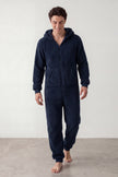 Pyjama combinaison homme bleu marine en polaire à capuche et zip
