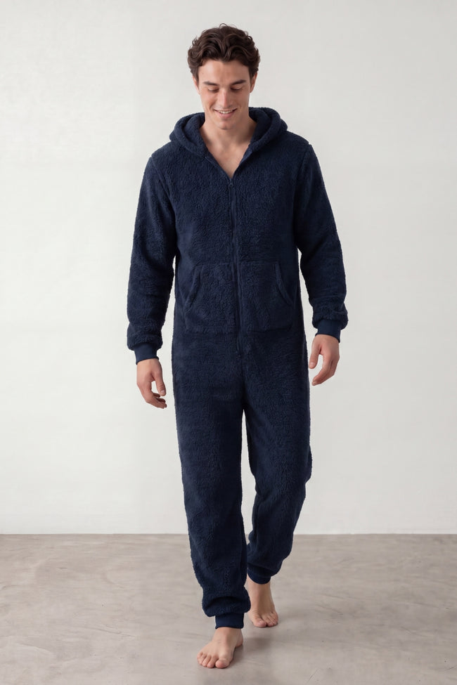 Pyjama combinaison homme bleu marine en polaire à capuche et zip