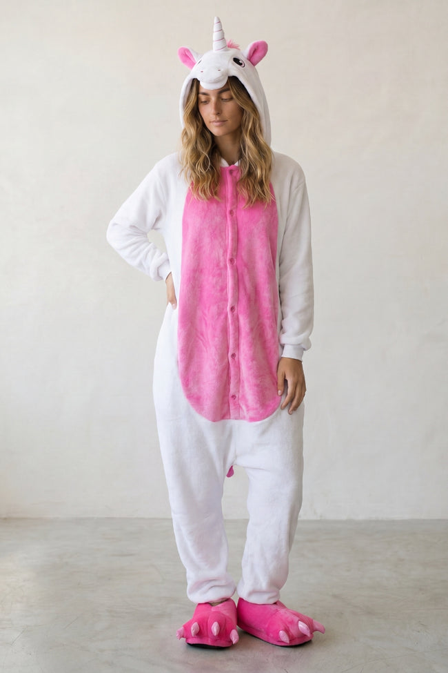 Kigurumi licorne adulte blanc à ventre rose et capuche à corne dorée