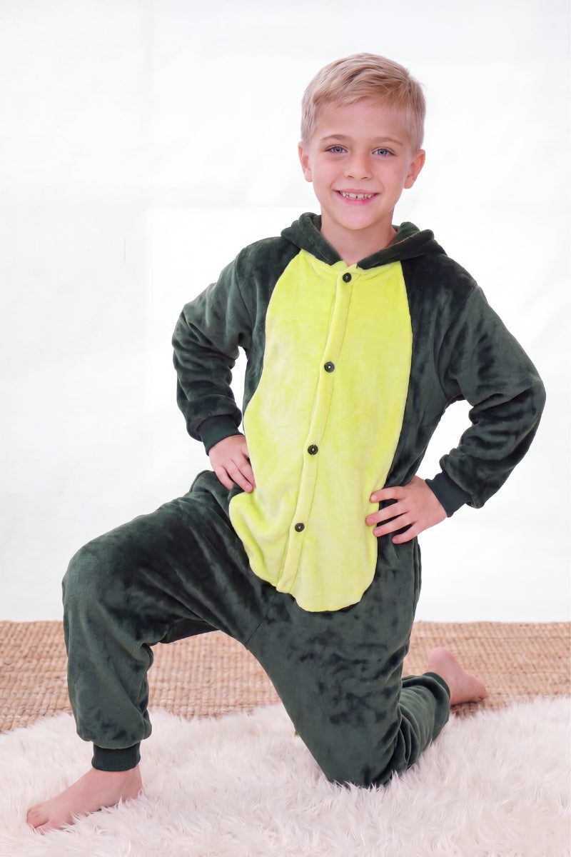 Combinaison pyjama dinosaure enfant verte à capuche avec crête dorsale