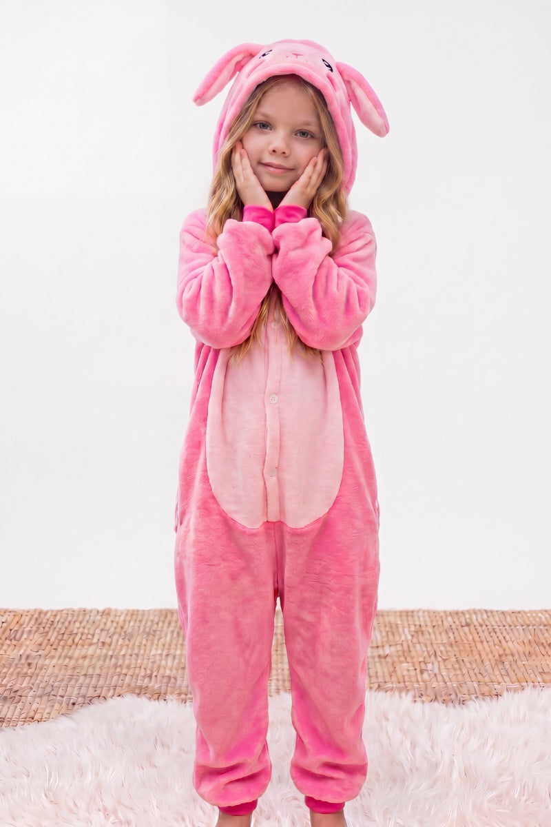 Combinaison pyjama déguisement fille rose à capuche avec grandes oreilles