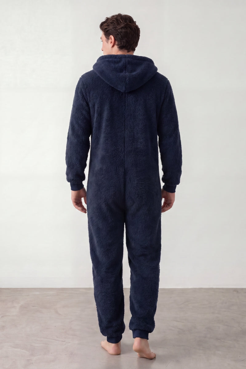 Pyjama combinaison homme bleu marine en polaire à capuche et zip — vue 2