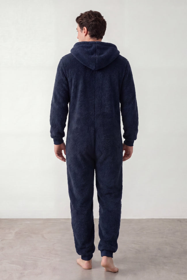 Pyjama combinaison homme bleu marine en polaire à capuche et zip — vue 2