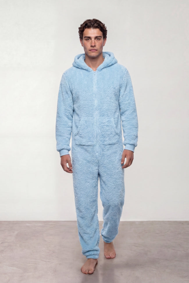 Combinaison pyjama homme en polaire bleu ciel à capuche et fermeture zippée