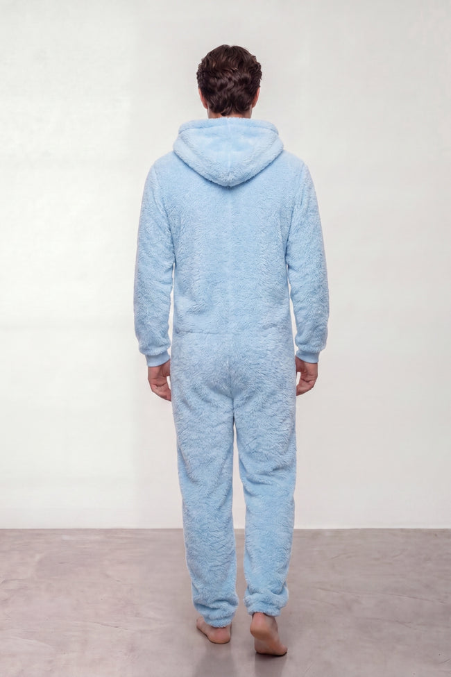 Combinaison pyjama homme en polaire bleu ciel à capuche et fermeture zippée — vue 2