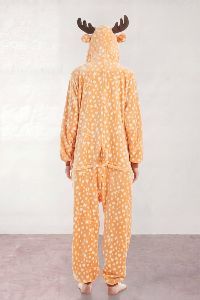 Combinaison pyjama cerf adulte orange à pois blancs et capuche à bois — vue 2