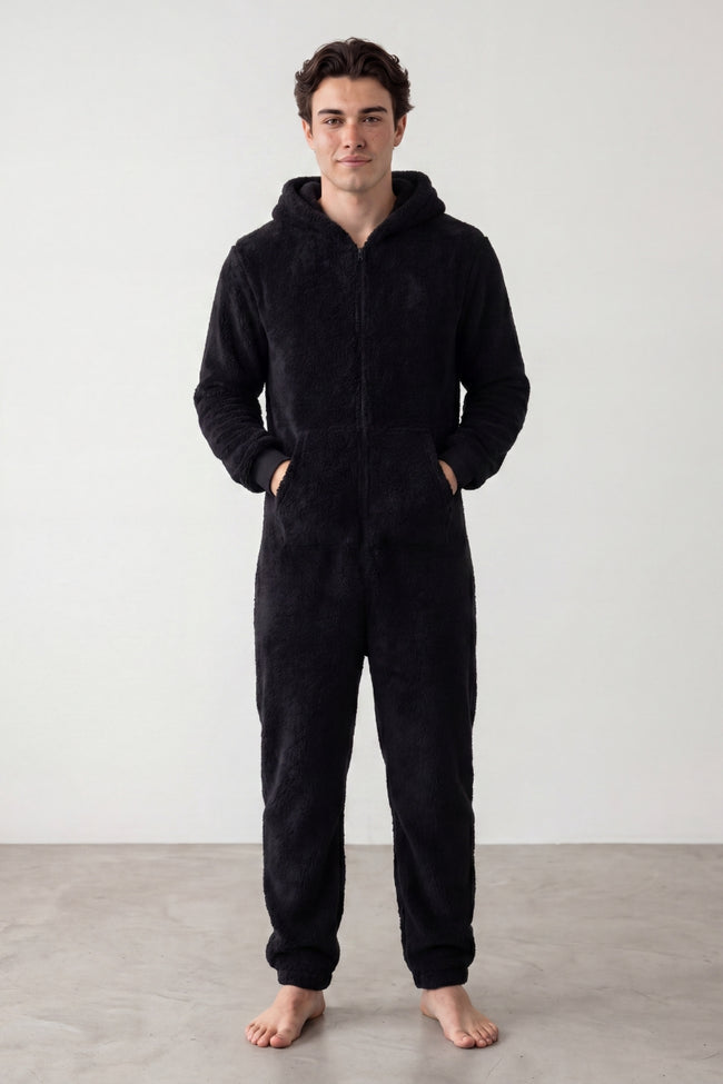 Grenouillère pyjama homme noire en polaire à capuche et poches