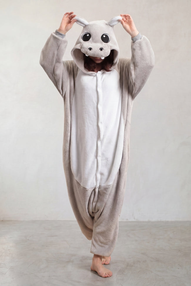 Combinaison pyjama koala adulte grise à capuche avec grandes oreilles